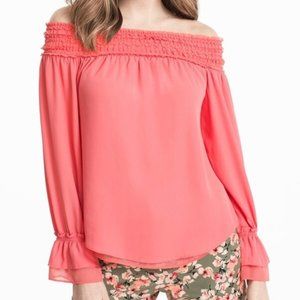 WHBM Coral Off The Shoulder Smocked Top